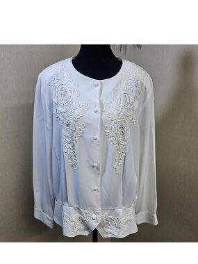 Kathy Che Vintage Sheer Embroidered Blouse Jacket Size 16 Ivory Button Front